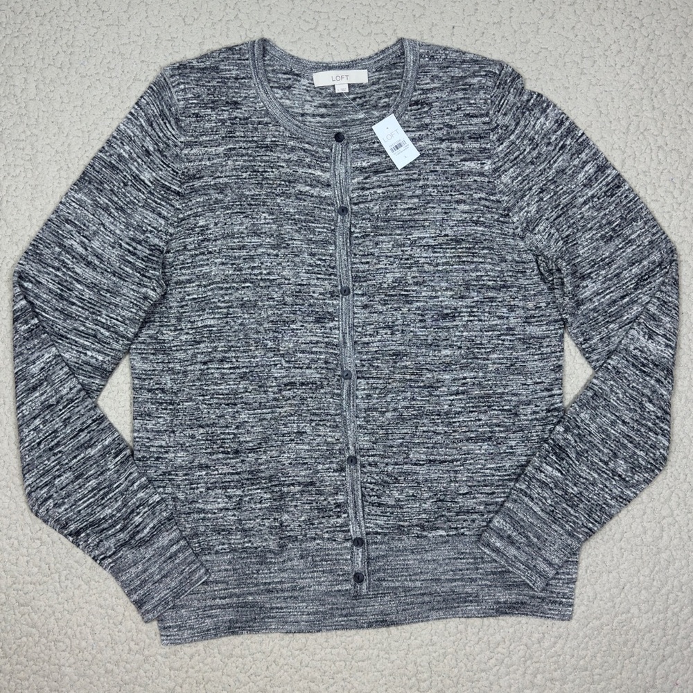 LOFT Space Dye Crewneck Knit Button Front Cardigan